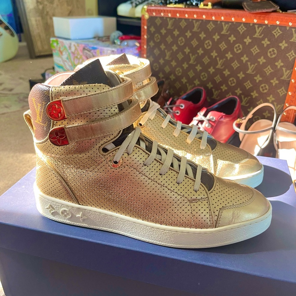 Louis Vuitton Women’s Gold Hightop Boombox Sneaker Boot - Velcro Authentic Sz 38 - Picture 1 of 15